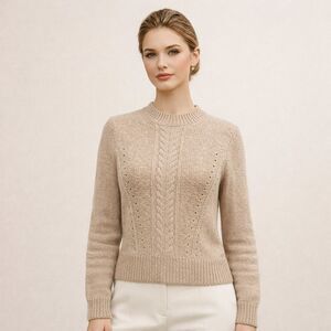Veronica Beard Wool Blend Crewneck Cable Knit Sweater in Oatmeal Size S